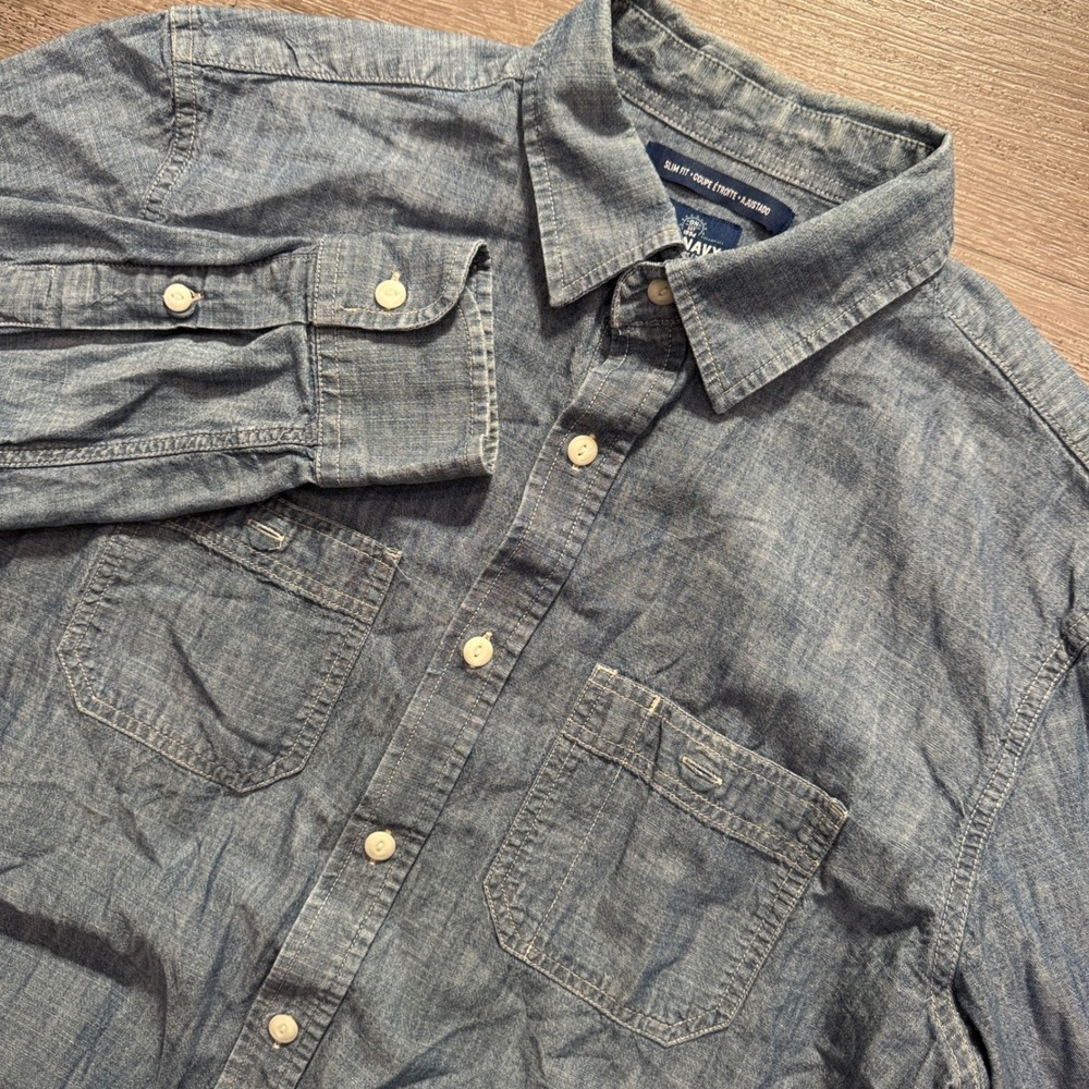 Old Navy Shirt Mens Large Blue Chambray Denim Cotton Slim Rodeo Western Workwear